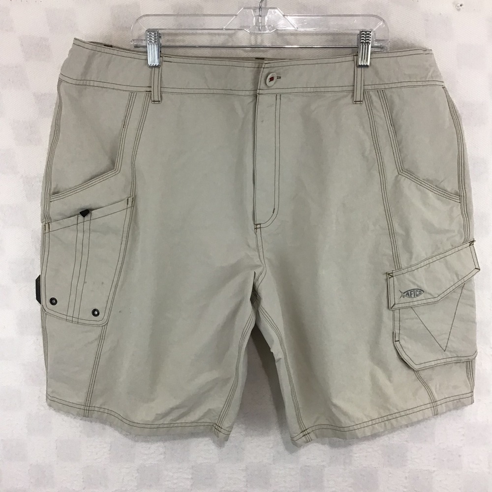 AFTCO Mens Khaki Tan Technical Fishing Cargo Shorts‎ 42 Nylon Spandex Stretch